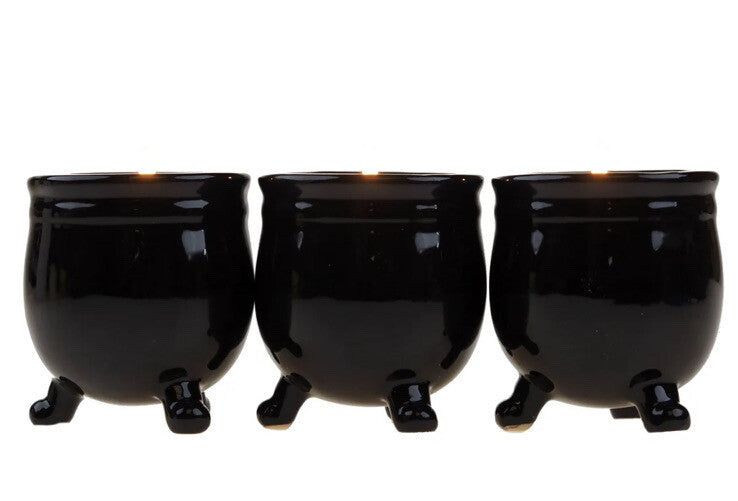 Halloween Cauldron Candle Set 3 Vanilla Ceramic Black Holder Purple White Spells