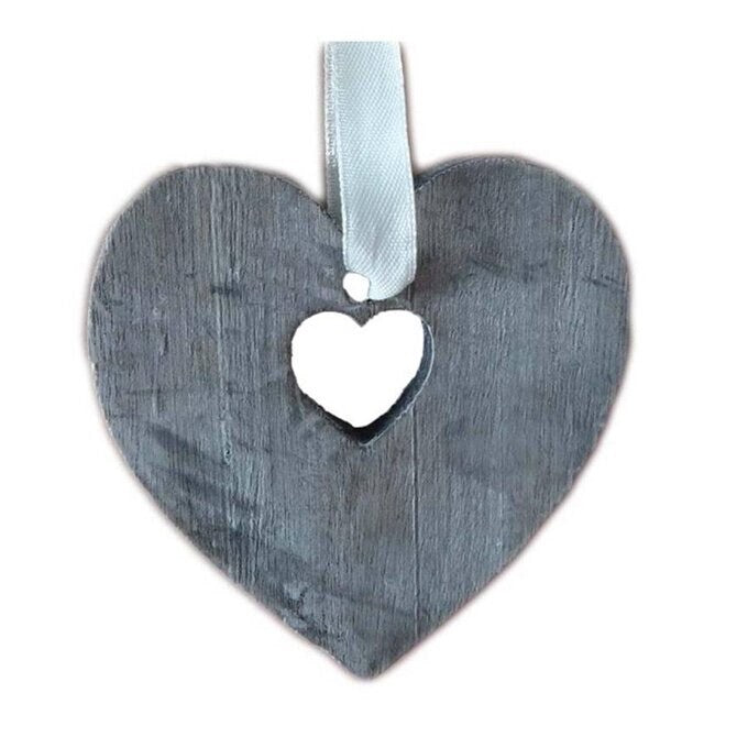 valentines 2x Rustic wooden hanging Ribbon grey hearts Decoration Home 8cm