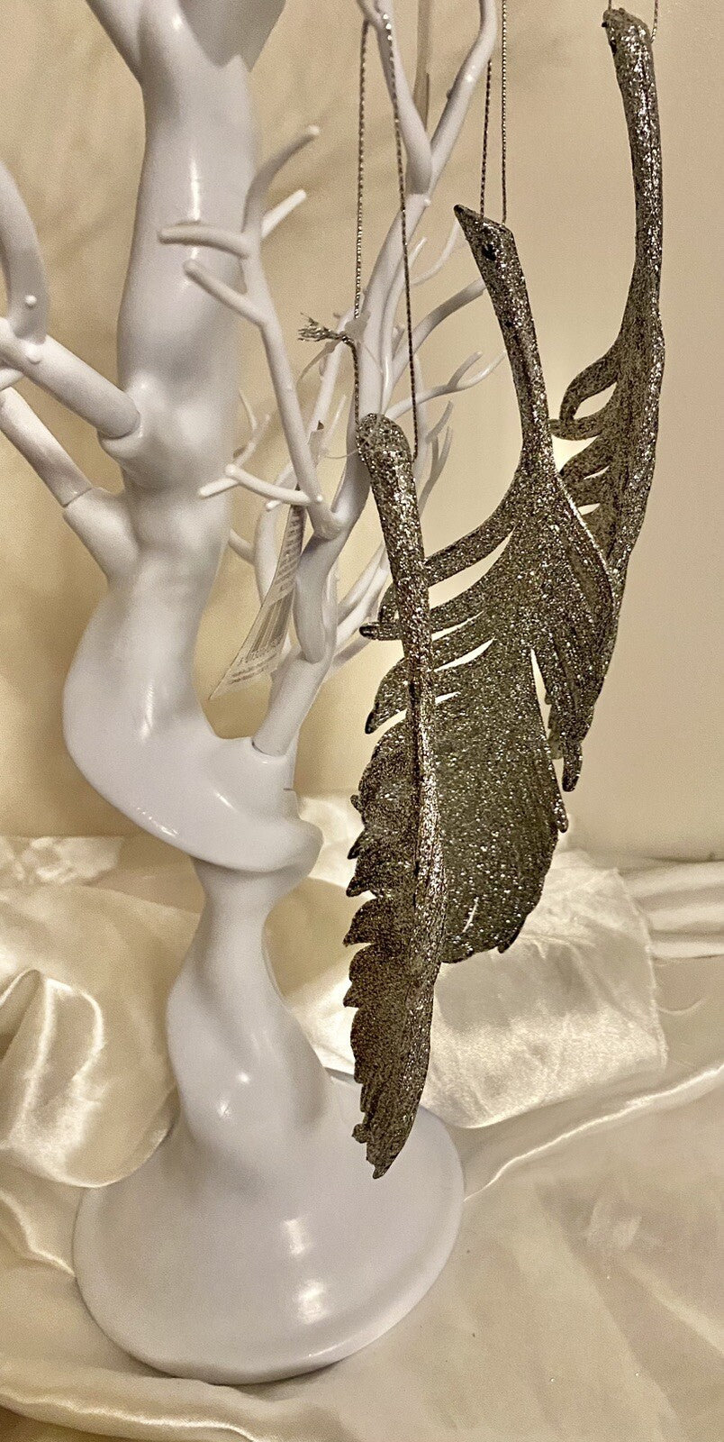 3 x Feather Tree Hanging Silver Glitter Baubles Decoration 21cm Xmas