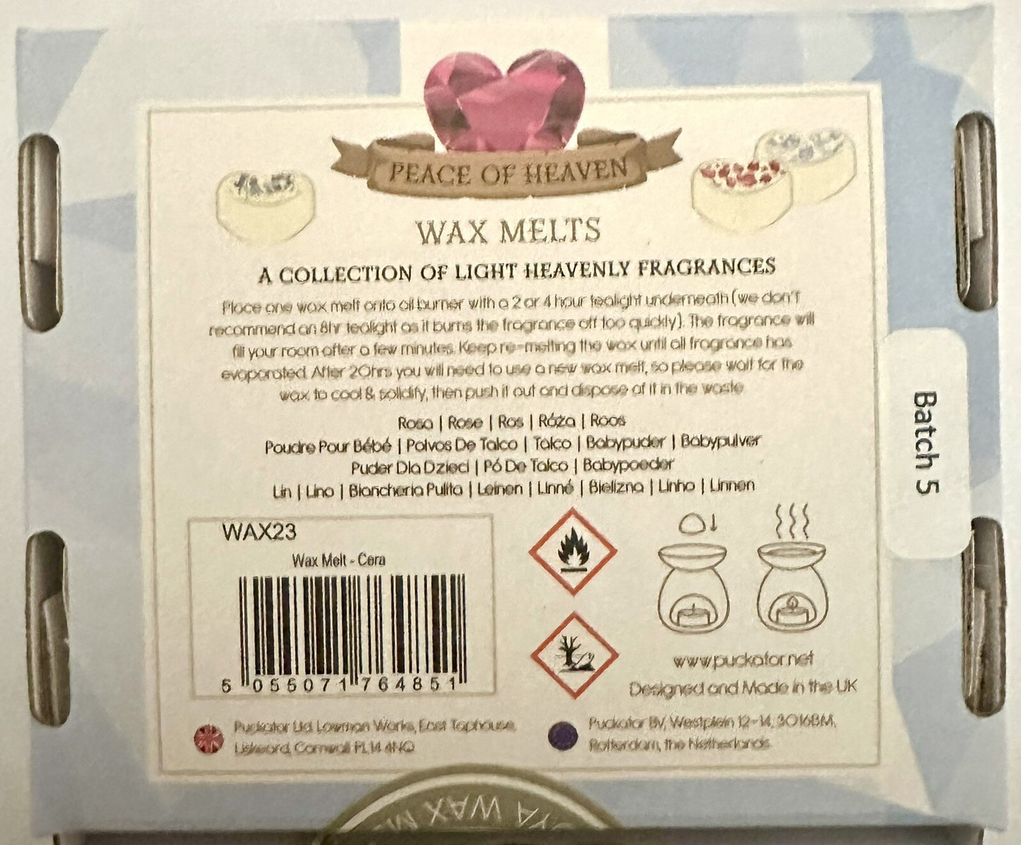 Baby Powder Linen & Rose Handmade Soya Wax Melts Set of 9 Peace Of Heaven Boxed.