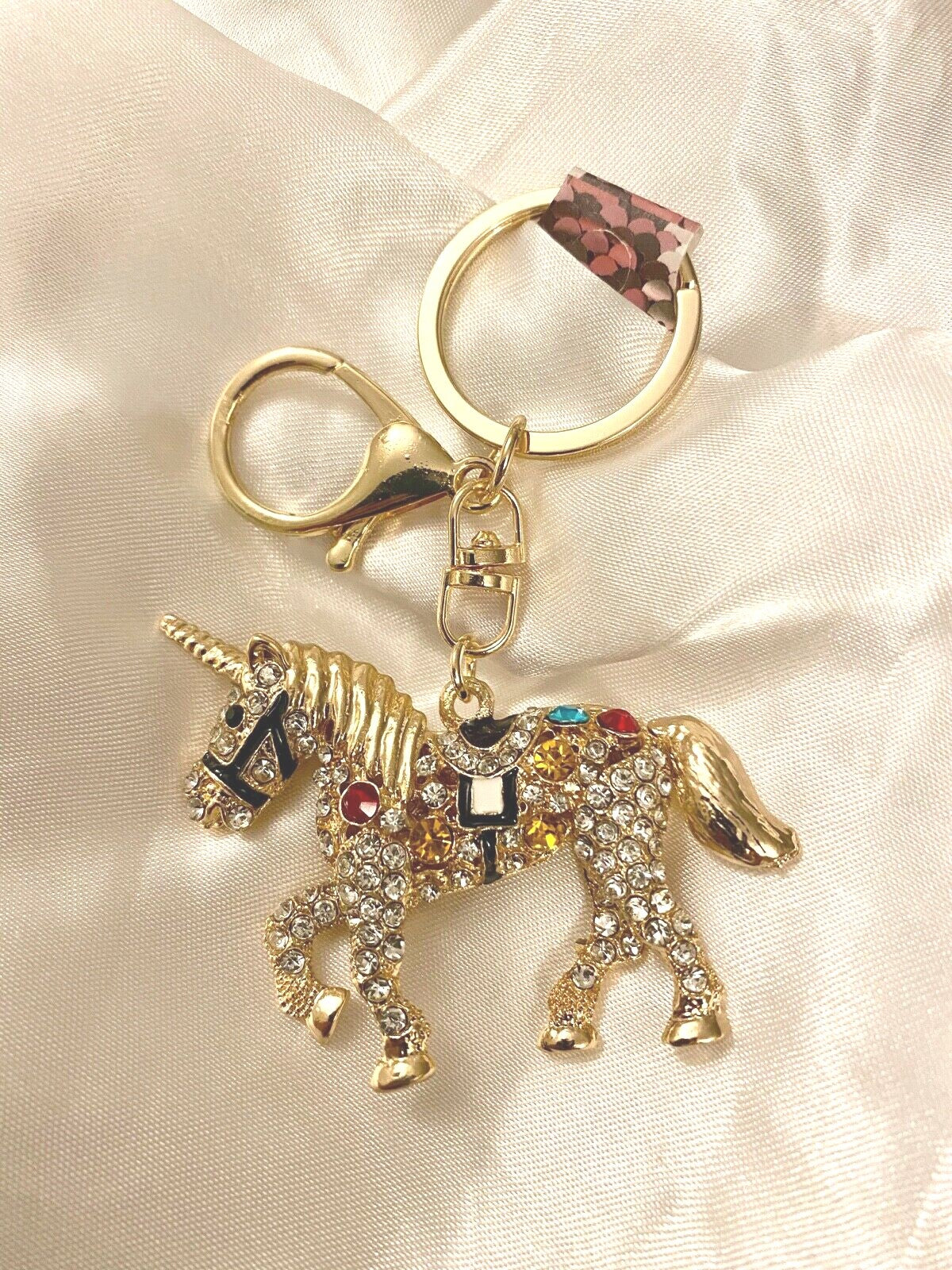 Carousel unicorn horse crystal keyring red black pink diamanté Gift charm bag