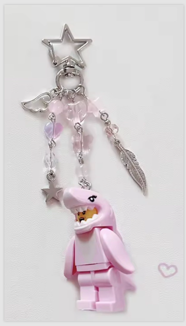 Couples matching Keyring Bag Charm Beads Blue Pink Shark suit Man Girl Car keys