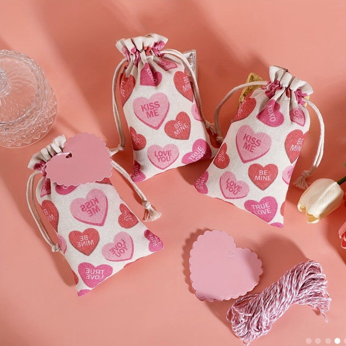 Love Heart Valentine's Drawstring Gift Treat Sweets Bags & Tag Canvas Reusable