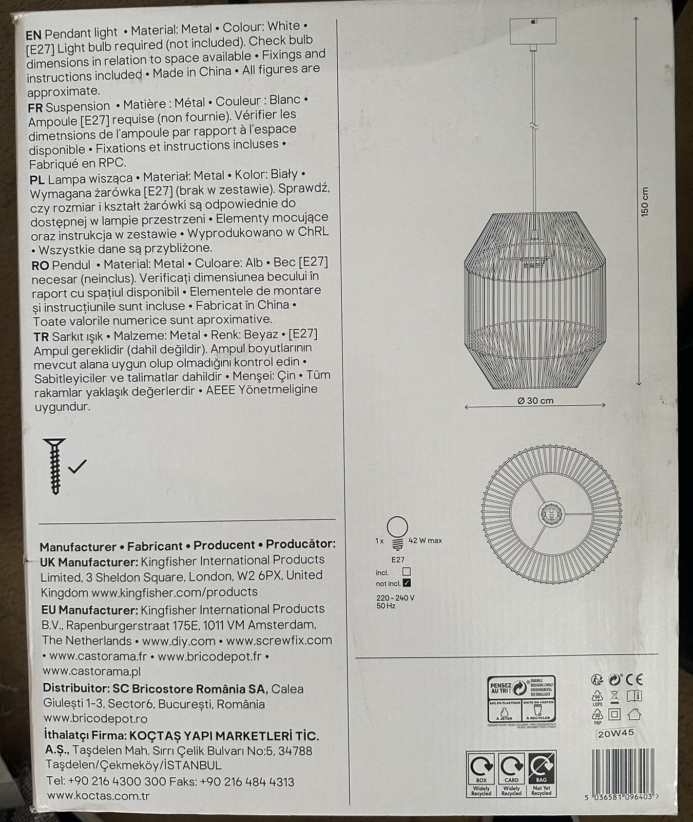 Pendant Ceiling Lampshade Matt Metal White Light Shade 300mm GoodHome IP20