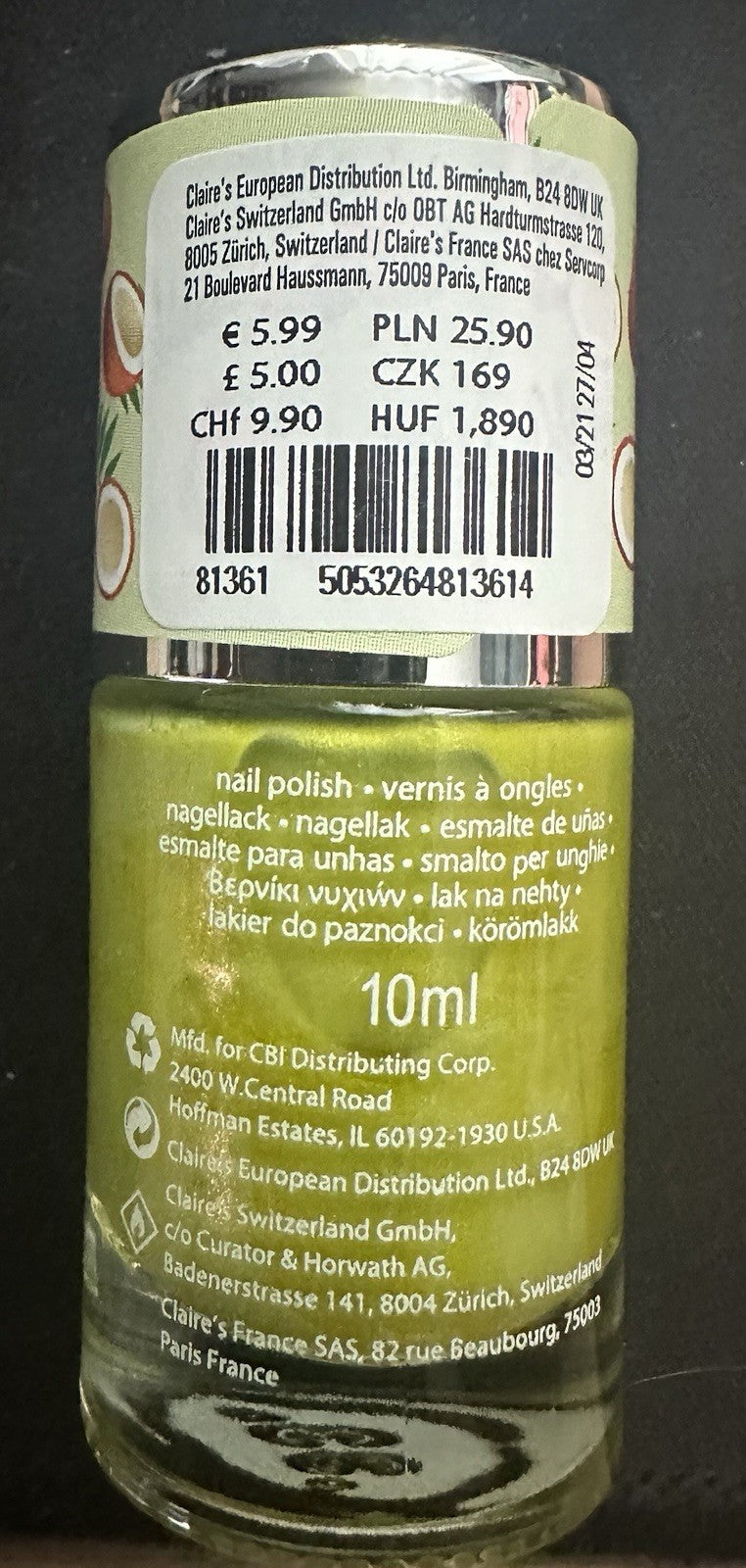 Claires Nail Polish Green Coconut Varnish Nails 10ml Glossy Shimmer Finish