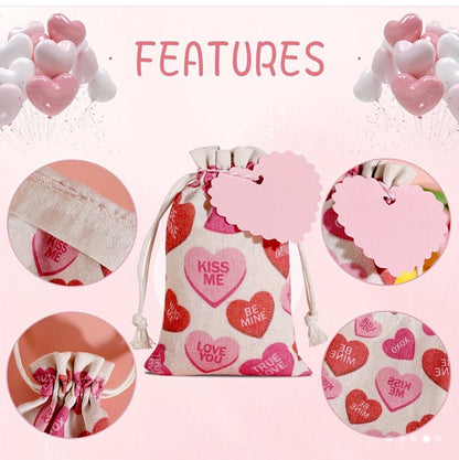 Love Heart Valentine's Drawstring Gift Treat Sweets Bags & Tag Canvas Reusable