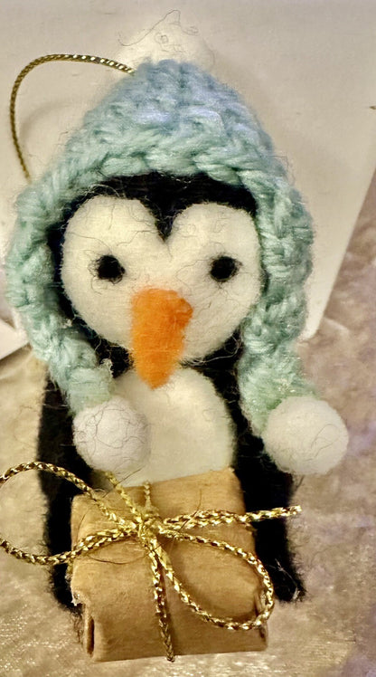 Christmas Penguin Baby Felt blue knitted bobble hat Gift Hanging Tree Decoration