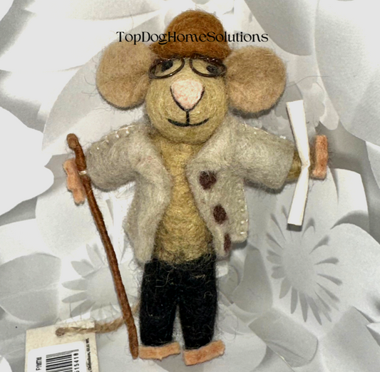Grandpa Mouse Hanging Felt Coat Glasses Walking stick Decoration Standing Gift