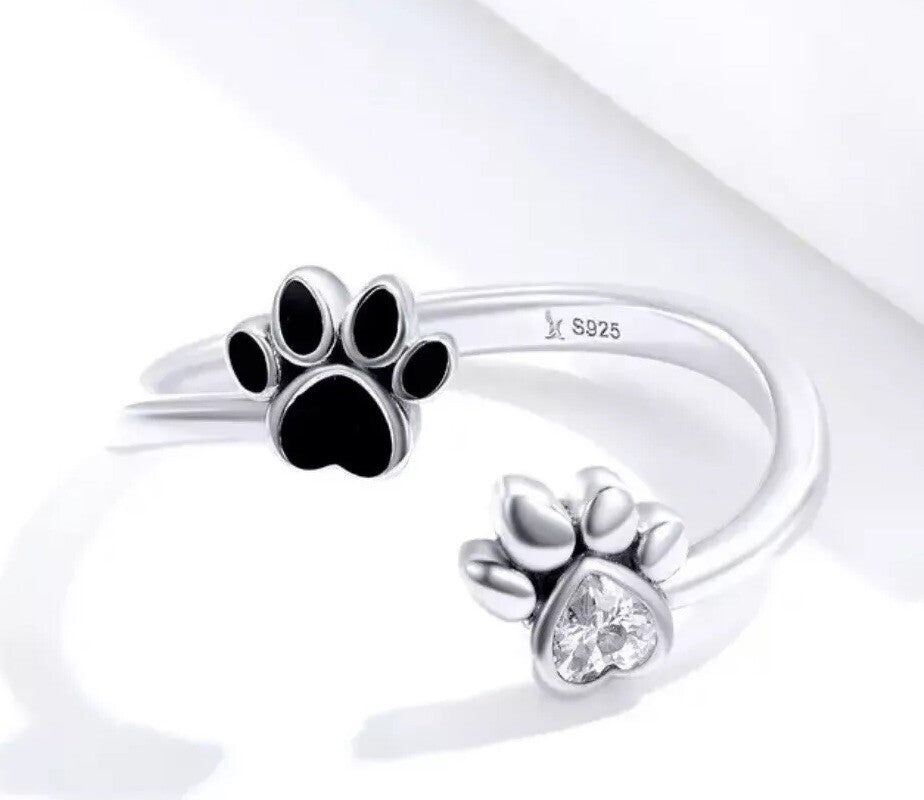 Dog Cat Ring Paw 925 Silver Footprint Rhinestone Adjustable Animal Crystal Gift