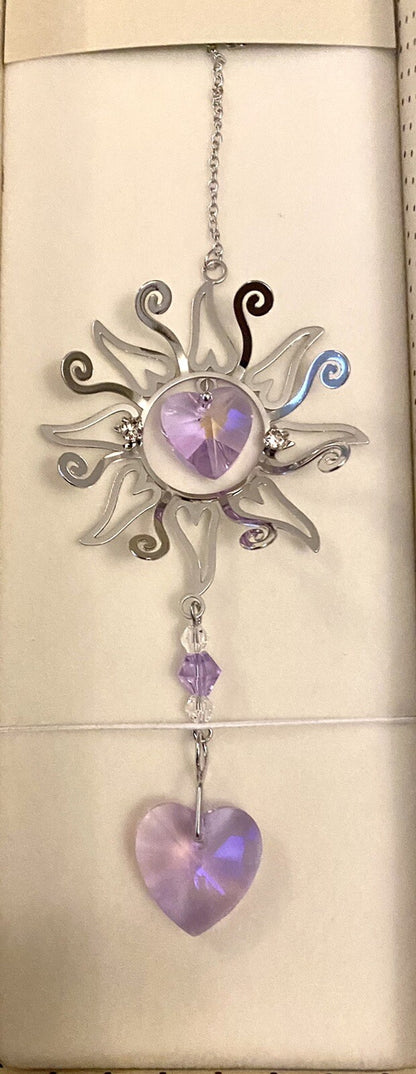 3D Garden Sun burst Sun catcher window hanging Silver crystal glass Gift box