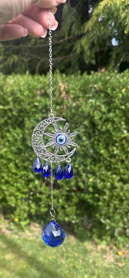 Hanging Evil Eye Suncatcher Sapphire Blue Crystal Protection