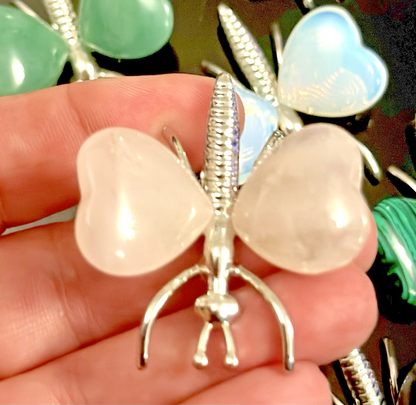 Natural Crystal Heart Stone Wings Silver Butterfly Energy Animal Ornament  Gift
