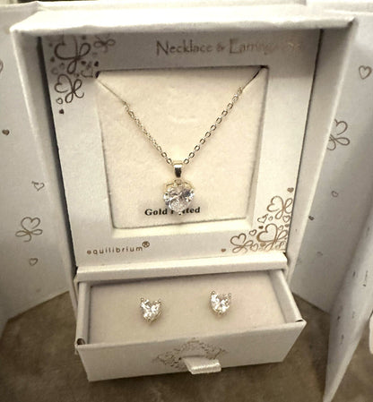 Ladies Valentines Heart Earrings Necklace Jewellery Gift Set Silver Diamanté