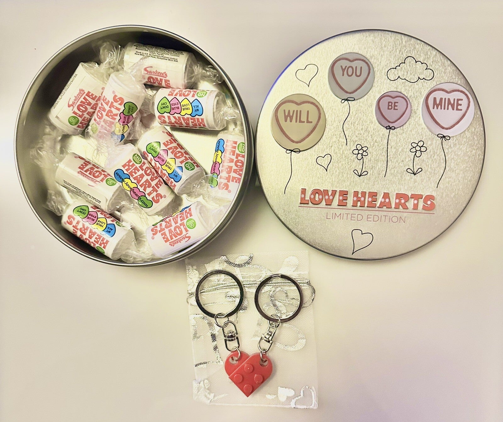 Valentines Day Love Hearts Sweet Tin + Lego Heart Kerings Girlfriend Boyfriend
