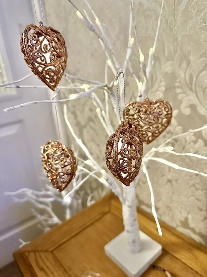 4 Christmas Hanging Rose Gold Heart Baubles 3D Glitter Ornament decoration