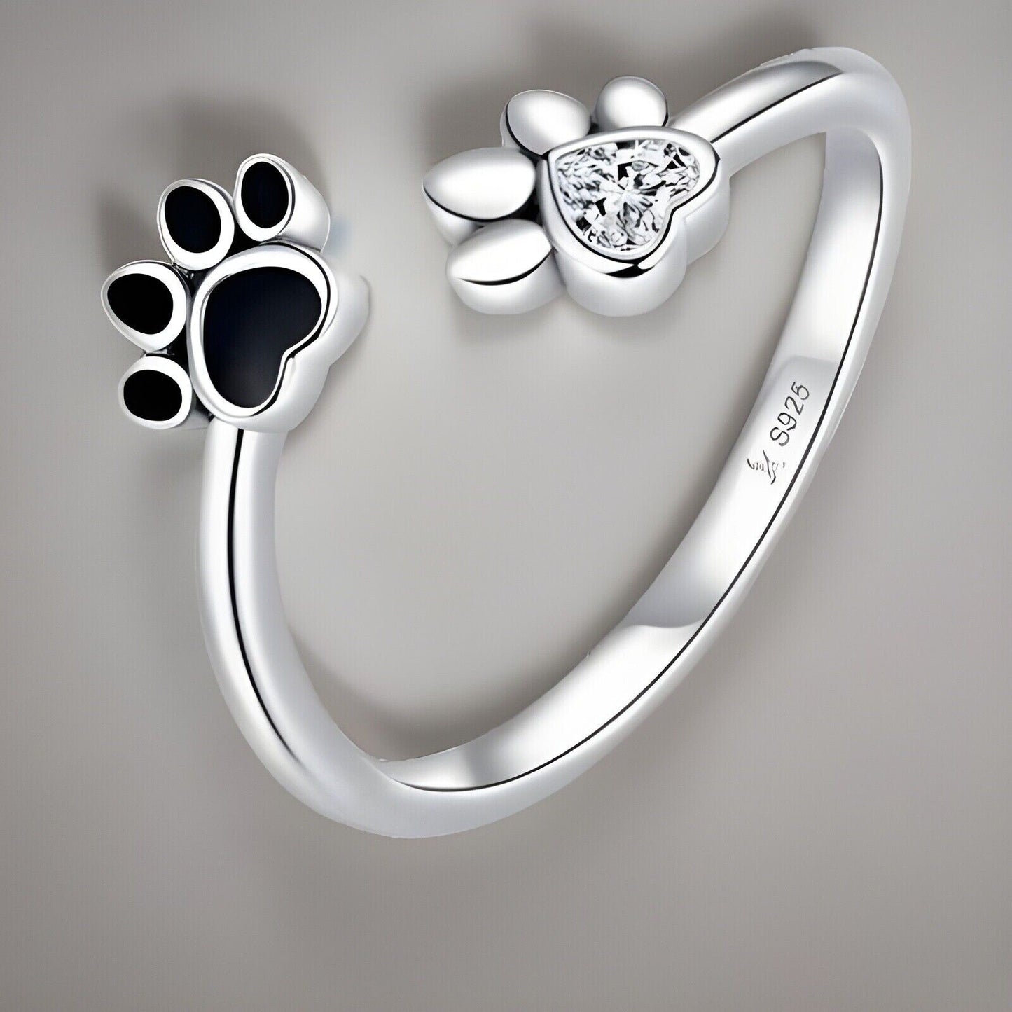 Dog Cat Ring Paw 925 Silver Footprint Rhinestone Adjustable Animal Crystal Gift