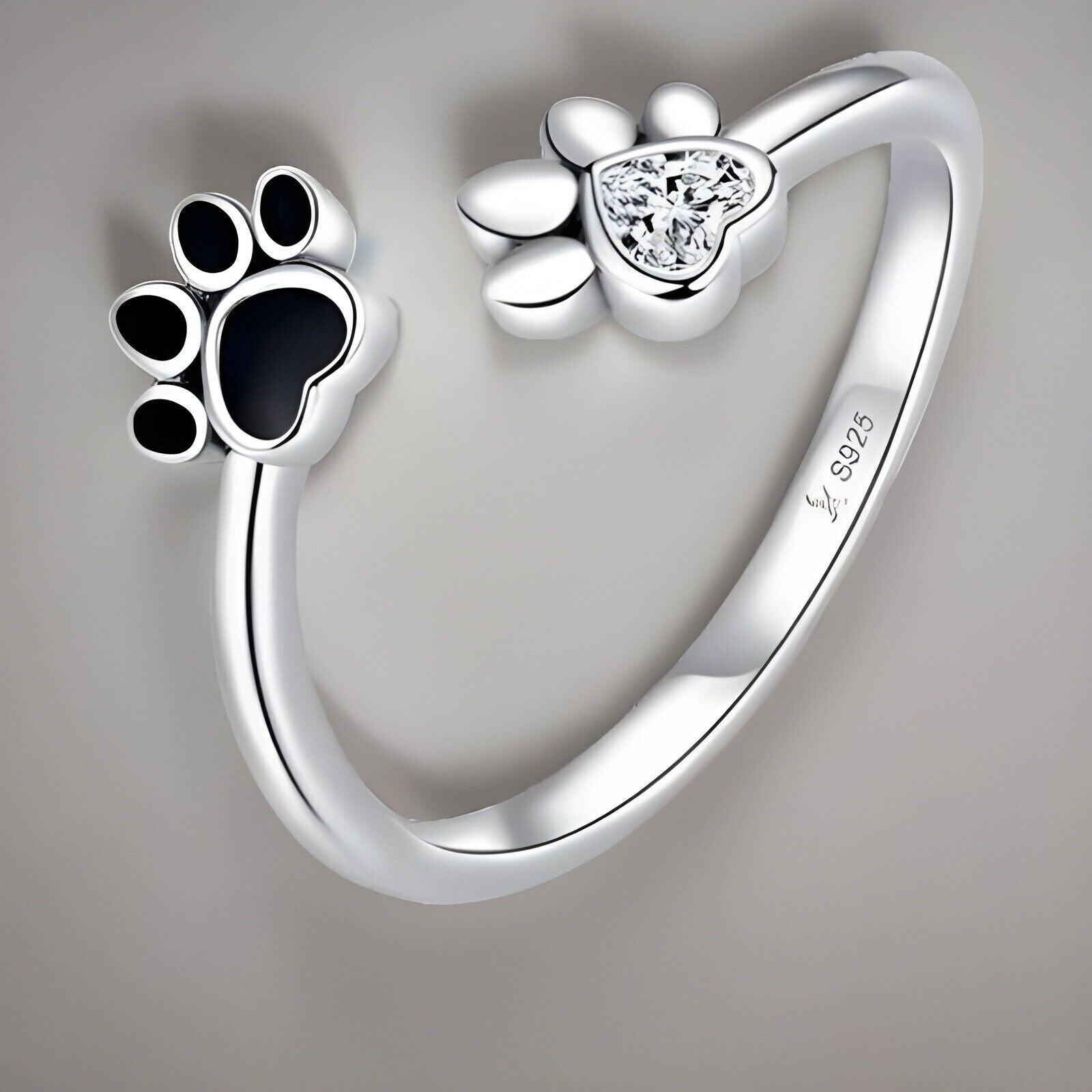 Dog Cat Ring Paw 925 Silver Footprint Rhinestone Adjustable Animal Crystal Gift