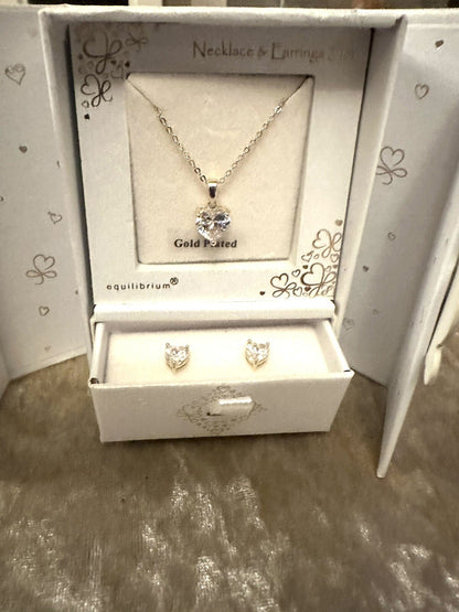 Ladies Valentines Heart Earrings Necklace Jewellery Gift Set Silver Diamanté