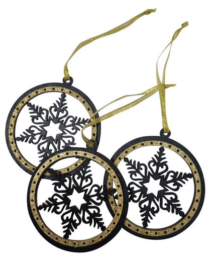 Christmas Tree Snowflake Decoration Wooden Rustic Hanging Hang Bauble Black X 3