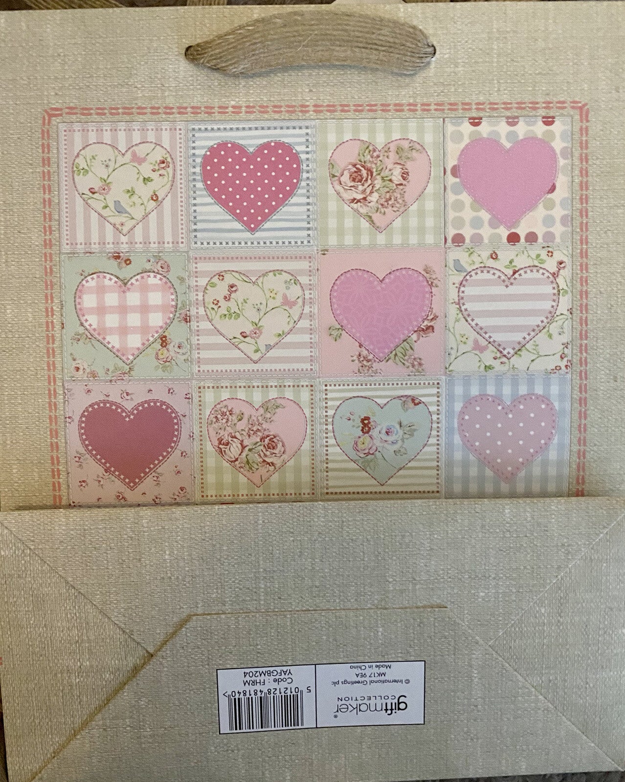 Valentine’s Pink Glitter Hearts Gift Bag Rustic & Tag Birthday 26.5 X 21cm💞