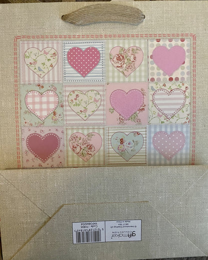 Valentine’s Pink Glitter Hearts Gift Bag Rustic & Tag Birthday 26.5 X 21cm💞