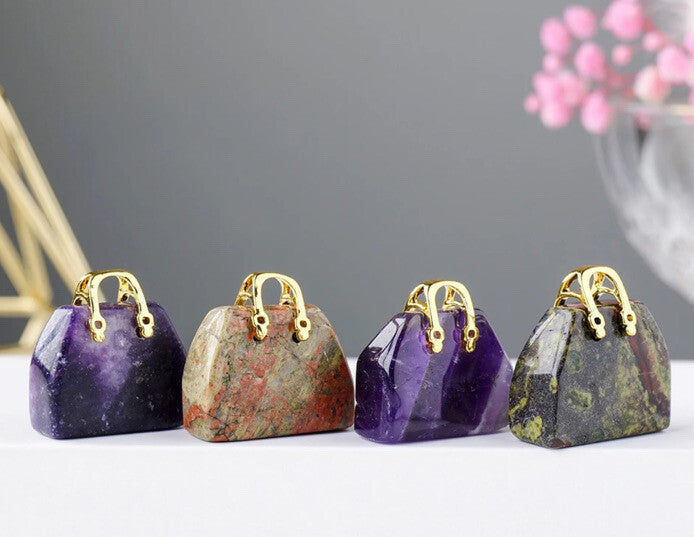 Handbag Crystal Stone Quartz Natural Healing Pendant Carved Display Ornament