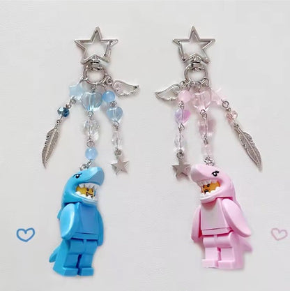 Couples matching Keyring Bag Charm Beads Blue Pink Shark suit Man Girl Car keys