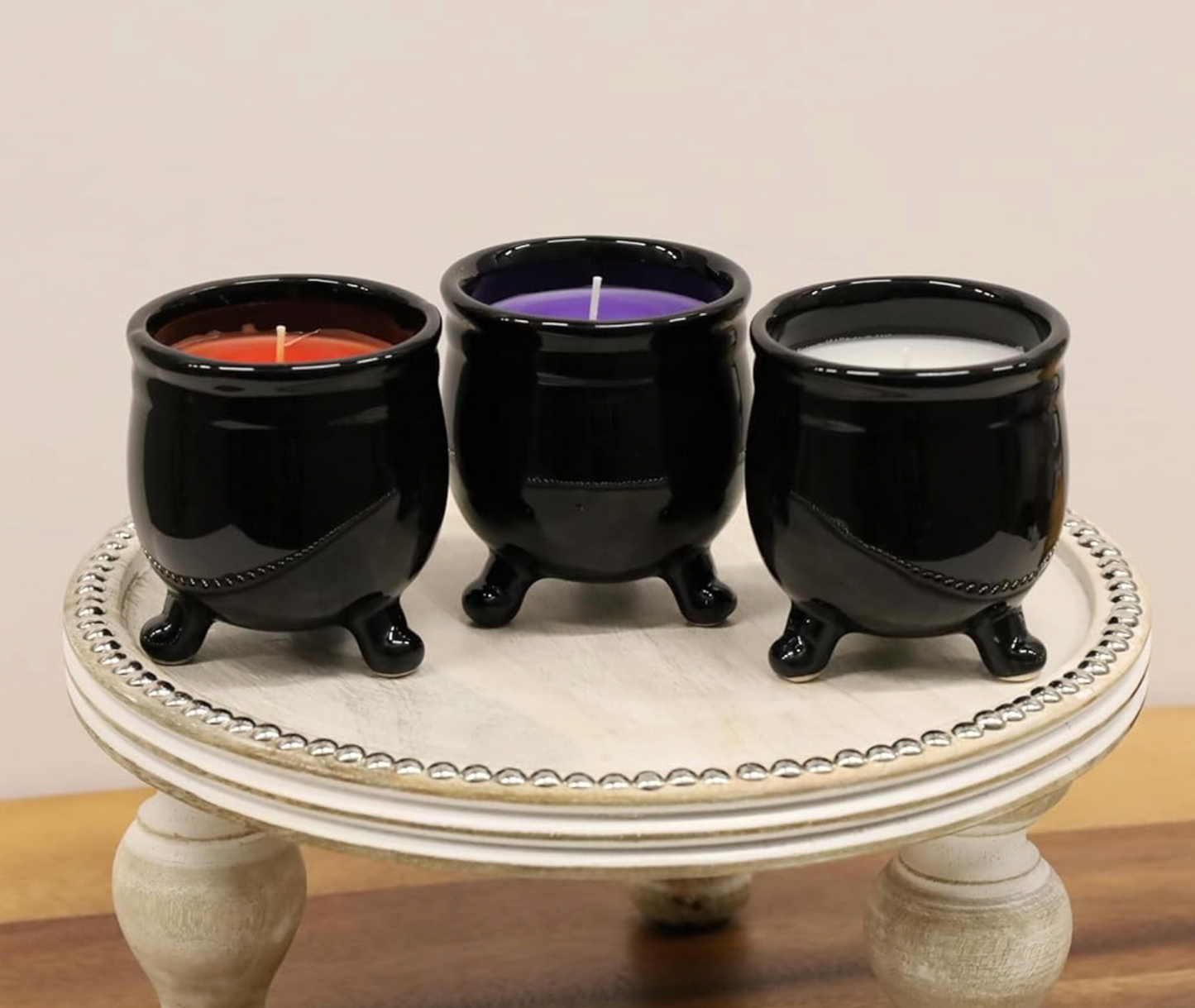 Halloween Cauldron Candle Set 3 Vanilla Ceramic Black Holder Purple White Spells