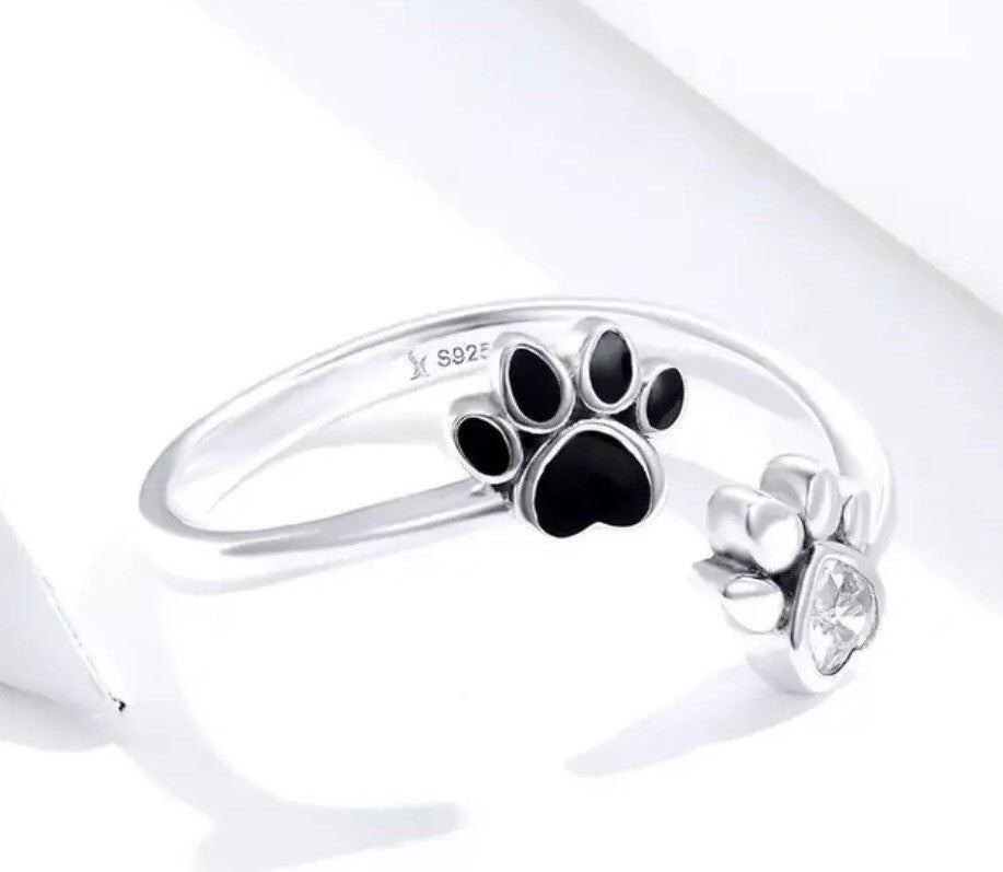 Dog Cat Ring Paw 925 Silver Footprint Rhinestone Adjustable Animal Crystal Gift