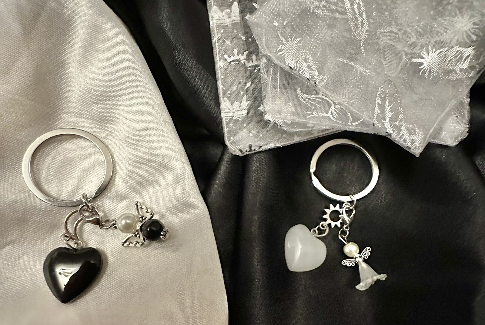 Heart Keyrings Crystals Couples Pair Best Friends Angels Black Onyx & White Jade