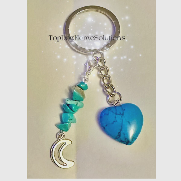 Crystal Blue Natural Howlite Heart Pendant Key Ring Healing Chakra Key Gift Bag