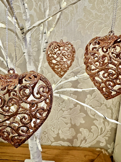 4 Christmas Hanging Rose Gold Heart Baubles 3D Glitter Ornament decoration