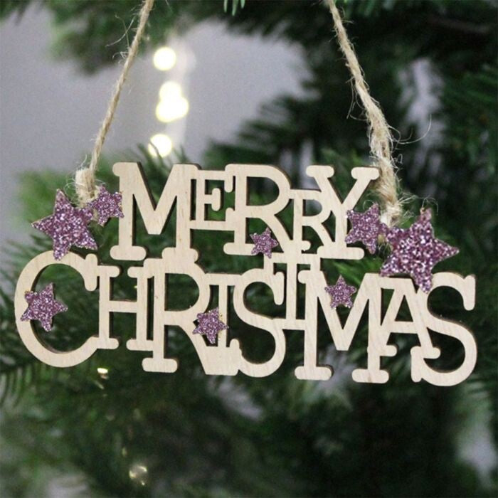Hanging Merry Christmas Sign Sparkly Pink Star Wooden Rustic Decoration Xmas