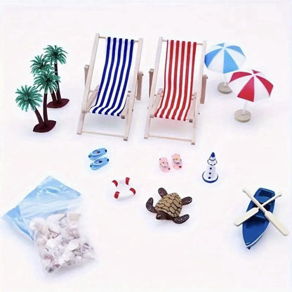 Set Summer Beach Dolls House Furniture Seaside Mini Landscape Shells Parasols