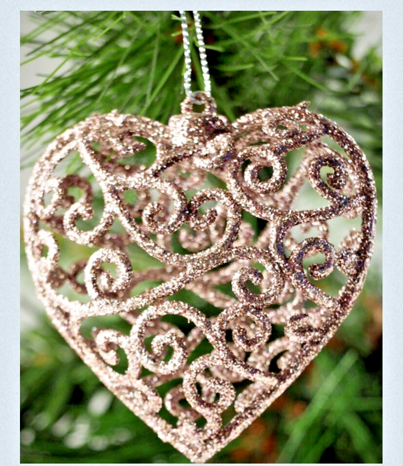 4 Christmas Hanging Rose Gold Heart Baubles 3D Glitter Ornament decoration