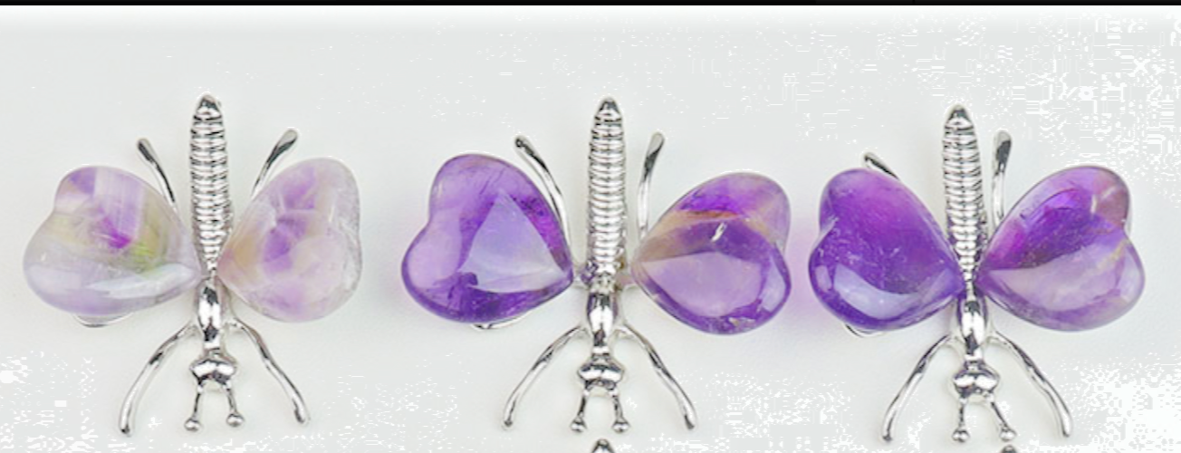 Natural Crystal Heart Stone Wings Silver Butterfly Energy Animal Ornament  Gift