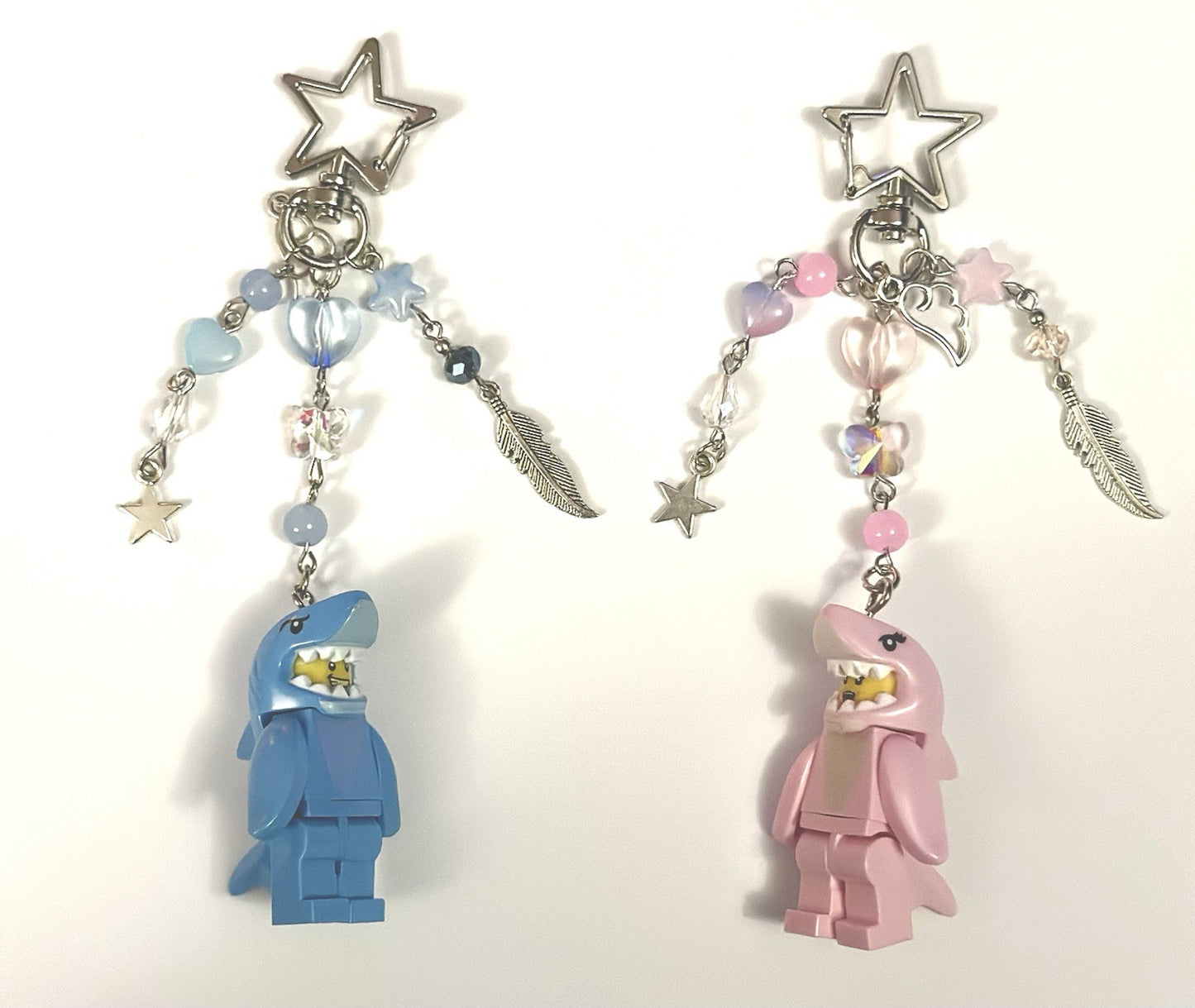 Couples matching Keyring Bag Charm Beads Blue Pink Shark suit Man Girl Car keys