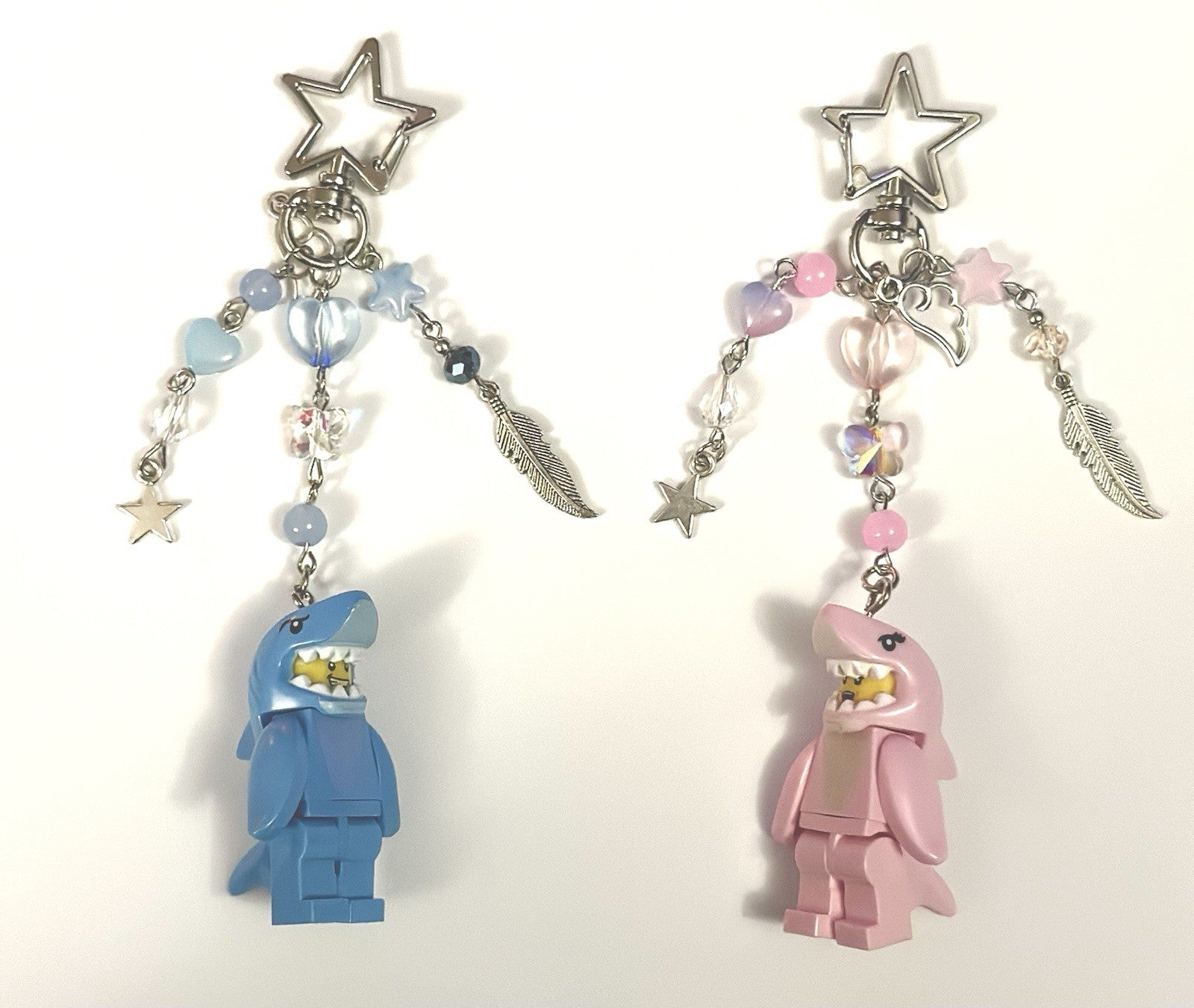 Couples matching Keyring Bag Charm Beads Blue Pink Shark suit Man Girl Car keys