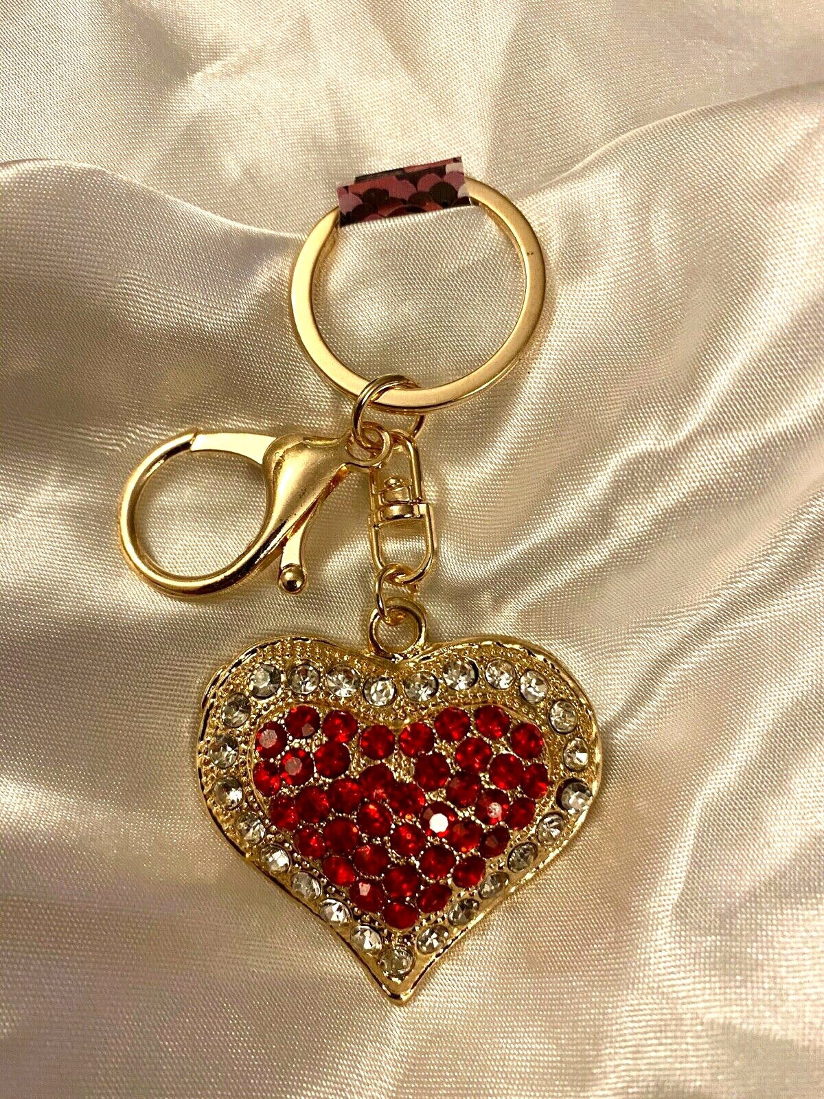 Heart crystal keyring Valentine blue Red green rhinestone diamanté Gift charm
