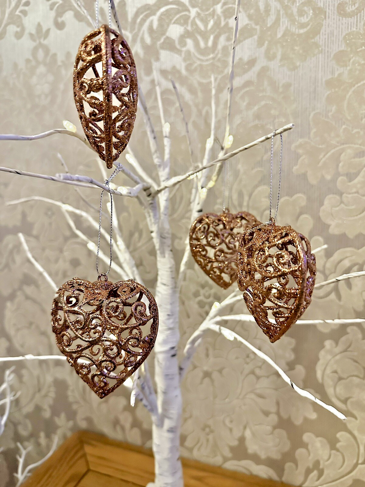 4 Christmas Hanging Rose Gold Heart Baubles 3D Glitter Ornament decoration