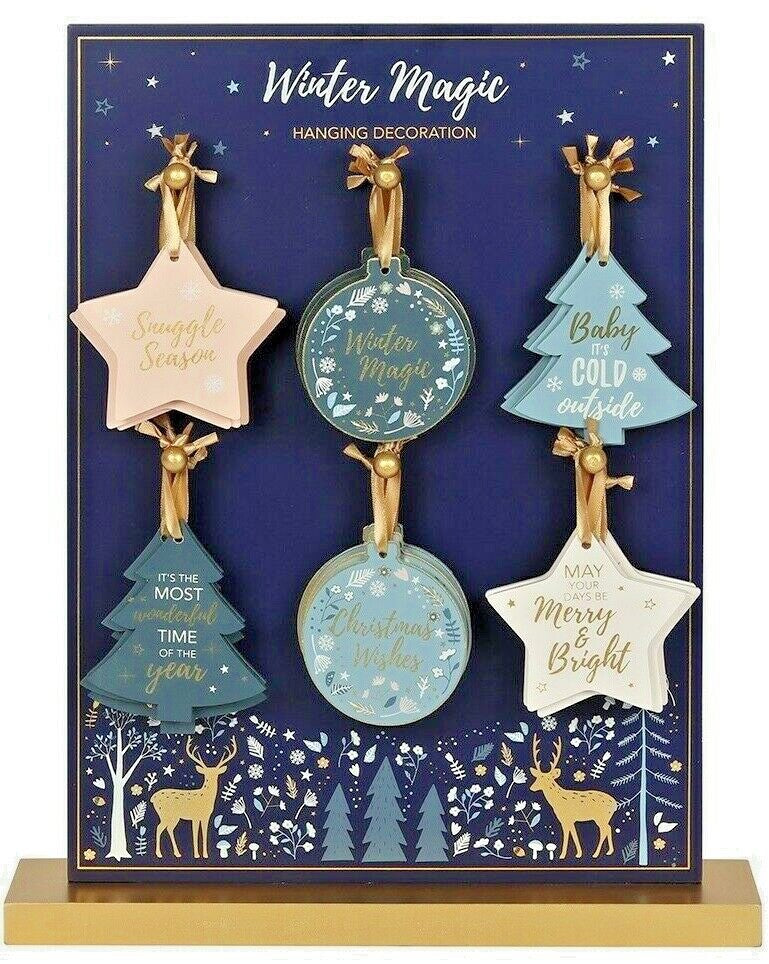 Christmas sign hanging baubles tree star Pink Blue decorations white
