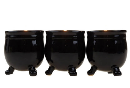Halloween Cauldron Candle Set 3 Vanilla Ceramic Black Holder Purple White Spells