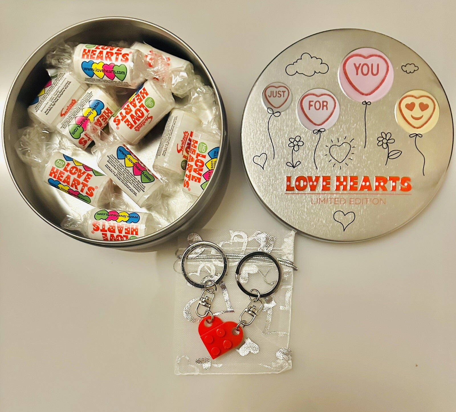 Valentines Day Love Hearts Sweet Tin + Lego Heart Kerings Girlfriend Boyfriend