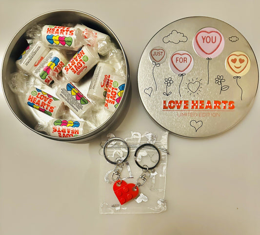 Valentines Day Love Hearts Sweet Tin + Lego Heart Kerings Girlfriend Boyfriend