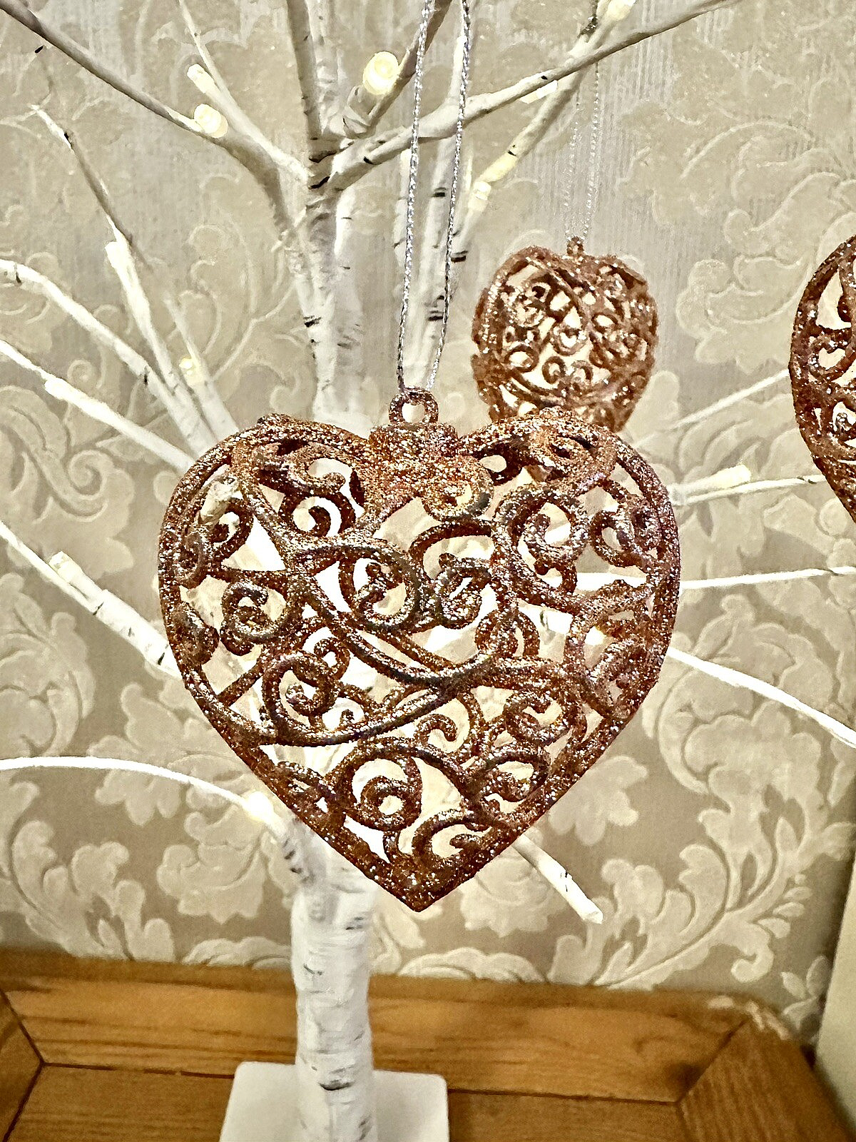 4 Christmas Hanging Rose Gold Heart Baubles 3D Glitter Ornament decoration