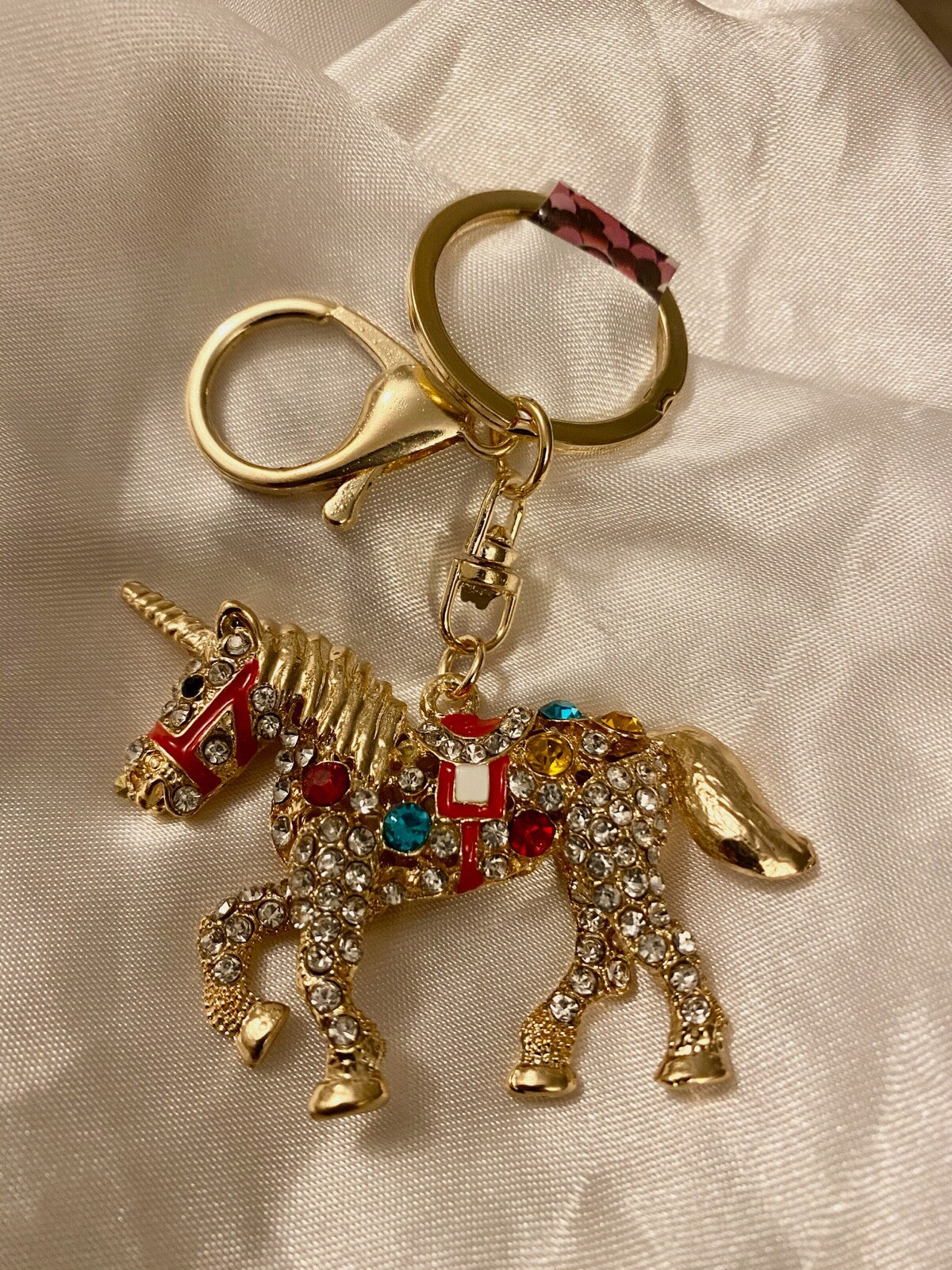 Carousel unicorn horse crystal keyring red black pink diamanté Gift charm bag