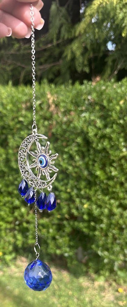 Hanging Evil Eye Suncatcher Sapphire Blue Crystal Protection