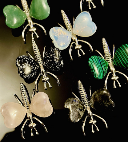 Natural Crystal Heart Stone Wings Silver Butterfly Energy Animal Ornament  Gift