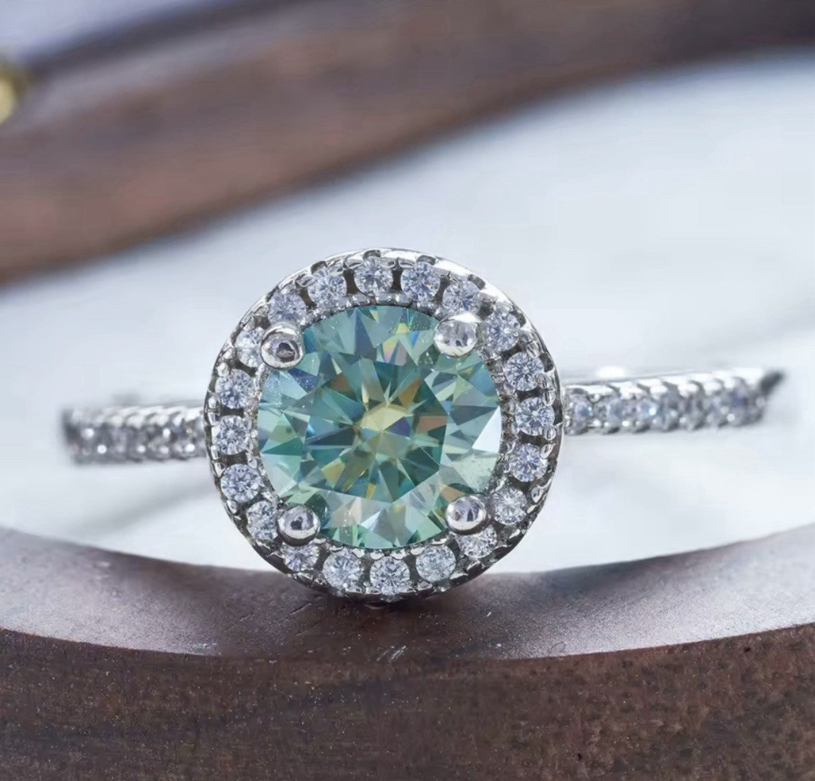 925 STERLING SILVER RING N BLUE GREEN 18K WHITE GOLD PLATED 2CT GREEN MOISSANITE