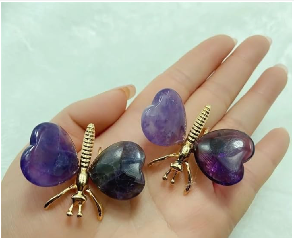 Natural Crystal Heart Stone Wings Silver Butterfly Energy Animal Ornament  Gift